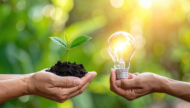 Two hands exchange a seedling and a glowing lightbulb against a bright, blurred green background, symbolizing growth and innovation