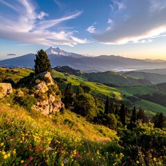 Panoramic mountain vista at sunrise. Lush valley below