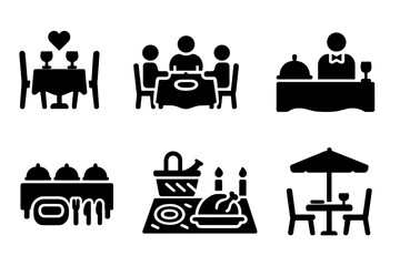 Dinner Icons Collection. Solid, filled icon set of dinner occasions: romantic dinner, family dinner, formal dinner, buffet, picnic dinner, holiday feast,