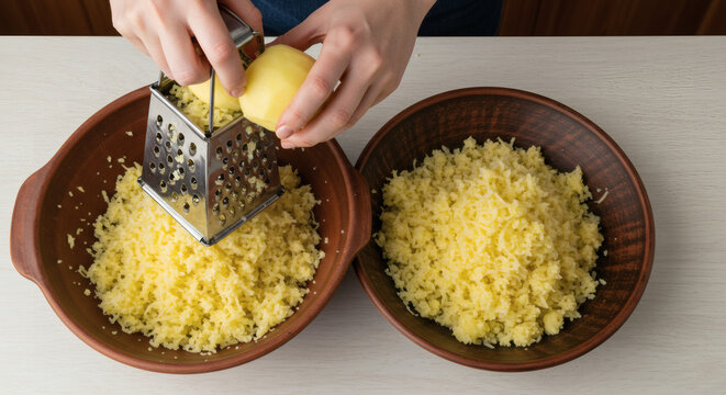 Hands Grating Potatoes for Authentic Homemade Kugelis in Rustic Kitchen