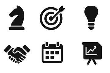 Strategy Consulting Icons. Solid, filled icon set of strategy consulting: chess piece, target, light bulb, flowchart, handshake, calendar, presentation board,