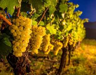 Clusters of ripe white grapes on vines at twilight