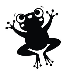 A black silhouette illustration of a woman dancer jumping in action with a frog on a leaf