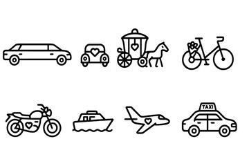 Fototapeta premium Wedding Transport Icons. Outline icon set of wedding transport: limousine, vintage car, horse carriage, bicycle, motorbike, boat, airplane, taxi. Line icons in