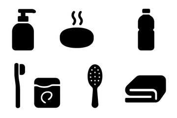 Unscented Essentials Icons. Solid, filled icon set of unscented daily essentials: unscented lotion, unscented soap, unscented deodorant, water