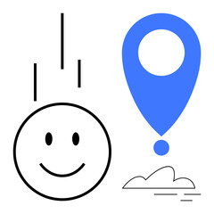Cheerful smiling face, blue location marker, and cloud suggest positivity, navigation, optimism, goals, travel, simplicity and clarity. Ideal for wellness travel motivation wayfinding apps