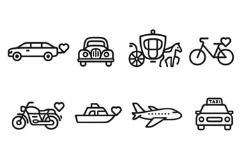 Obraz premium Wedding Transport Icons. Outline icon set of wedding transport: limousine, vintage car, horse carriage, bicycle, motorbike, boat, airplane, taxi. Line icons in