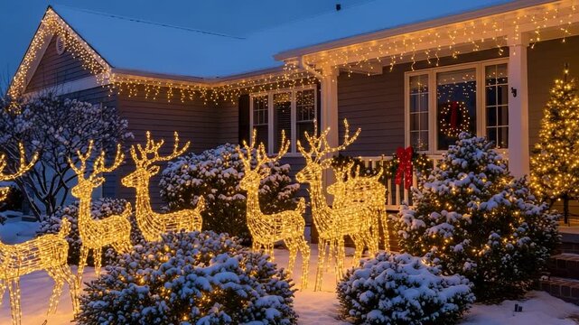 Beautifully decorated suburban home for the winter holidays, featuring illuminated reindeer lawn ornaments, icicle lights, and a glowing Christmas tree on a snowy evening.