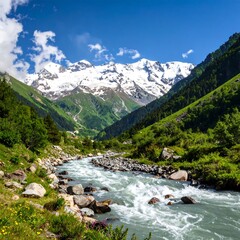Mountain river valley under a blue sky
