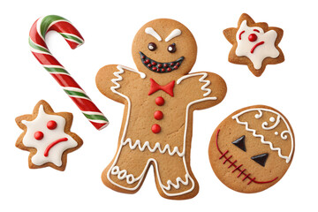 Evil Gingerbread PNG Set – Angry Cookie, Broken Candy Cane, Scary Icing – Individually Isolated on Transparent Background