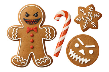 Evil Gingerbread PNG Set – Angry Cookie, Broken Candy Cane, Scary Icing – Individually Isolated on Transparent Background