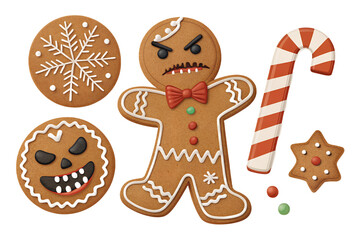 Evil Gingerbread PNG Set – Angry Cookie, Broken Candy Cane, Scary Icing – Individually Isolated on Transparent Background