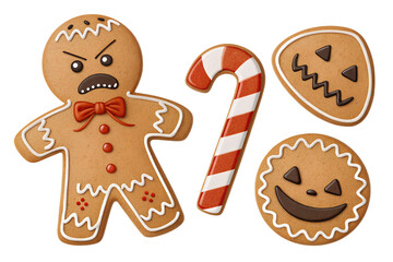 Evil Gingerbread PNG Set – Angry Cookie, Broken Candy Cane, Scary Icing – Individually Isolated on Transparent Background