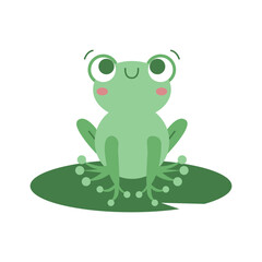 Cute cartoon green frog character illustration sitting on a leaf, smiling and happy in nature