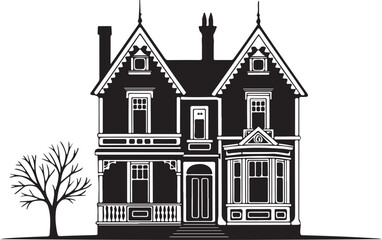 Highly detailed black and white silhouette of an elaborate two-story Victorian house featuring twin gables, a covered porch, a bay window, and a bare tree.