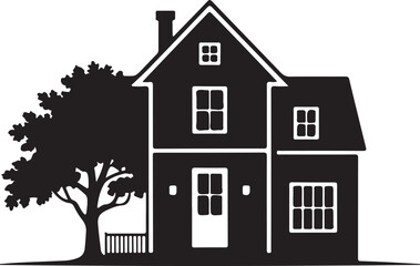 Charming black silhouette of a two-story farmhouse or cottage with a prominent gable, a chimney, an asymmetrical facade, and a large, mature tree beside it.