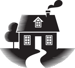 Black and white woodcut-style silhouette of a cozy country house with smoke rising from the chimney, a prominent tree, and a winding path leading to the front door.