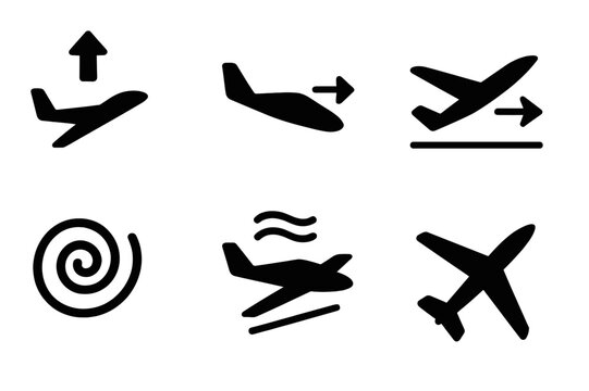Glider Aerodynamics Icons. Solid, filled icon set of glider aerodynamics concepts: lift, drag, angle of attack, airfoil, vortex, stall, glide ratio, control