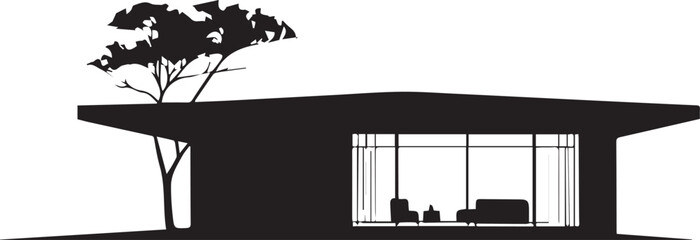 Minimalist black silhouette of a single-story mid-century modern pavilion house with a large cantilevered roof, floor-to-ceiling glass, and an adjacent tree.