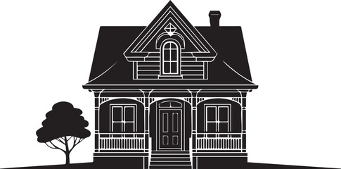 Detailed black and white silhouette of a charming Victorian or Gothic Revival cottage featuring an ornate front porch, central gable, and a small tree.