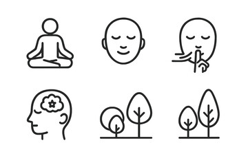 Meditation Icon Set. Outline icon set of patience in meditation: lotus pose, calm face, closed eyes, breathing, mantra, silence, peaceful mind, nature. Line