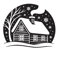 Charming black and white vector silhouette of a cozy log cabin nestled in a snowy winter scene under a moonlit sky with falling flakes and a bare tree.