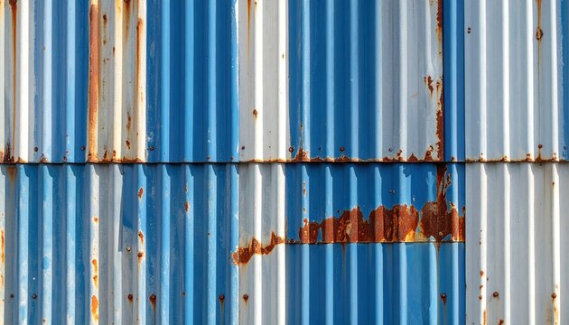 Weathered corrugated metal wall, blue and white paint, showing significant rust and peeling