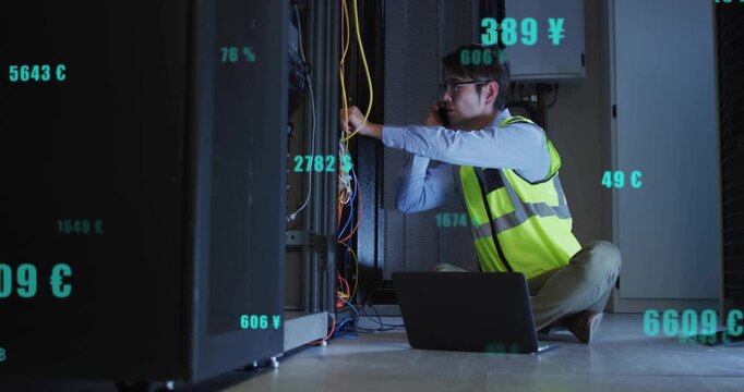 Technician receiving call, tracing cables while monitoring animated metrics resolving server issue