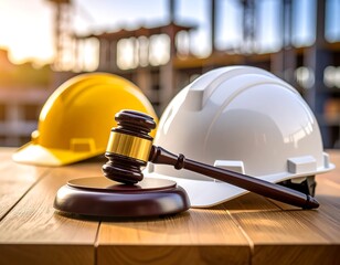 Construction law. A gavel rests on a wooden surface with construction helmets