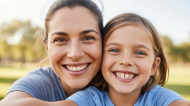 Joyful Caucasian mother and her adorable elementary school-aged daughter with a gap-toothed smile taking a close-up selfie outdoors in a sunny park.