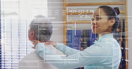 Therapist placing hands on patient's neck activating transparent overlay for real time tension data - Powered by Adobe