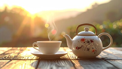 Retro Tea Time Still Life with Steaming Cup and Floral Teapot on Wooden Table at Sunset