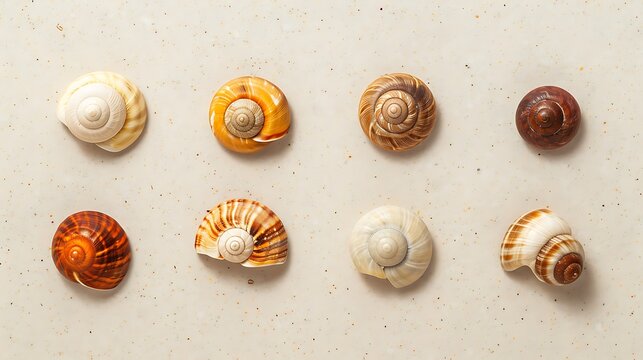 A collection of eight different snail shells arranged on a sandy surface