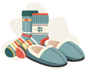 Pair of Warm Winter Slippers and Cozy Knitted Socks