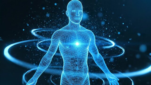 Digital Human Body Wireframe with Glowing Energy Field.