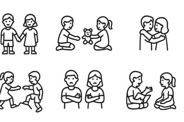Naklejka premium Stepsiblings Icon Set. Outline icon set of stepsiblings interactions: holding hands, playing together, sharing toys, sibling hug, helping each other, friendly