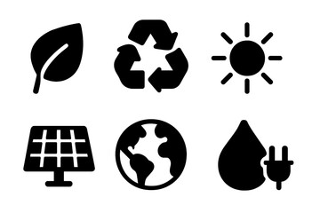 Solar Icons Grid. Solid, filled icon set of solar battery environmental benefits: green leaf, carbon footprint reduction, recycling symbol, sun icon, clean