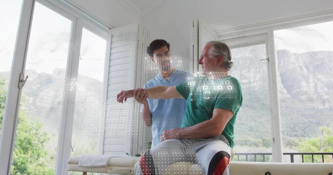 Therapist placing patient forearm and guiding patient extending arm for shoulder rehab on bench