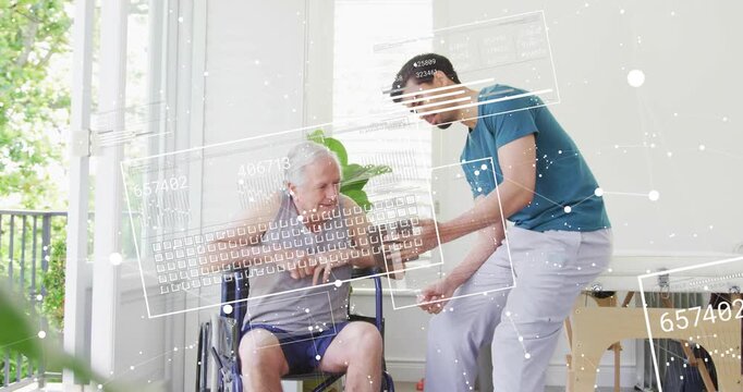 Caregiver handing tablet to elderly man and guiding tapping of therapy data while overlays updating