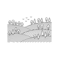 Hilly Forest Landscape Icon, Minimalist Vector Line Art of Rolling Hills and Mixed Trees
