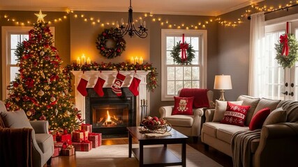 Warm and inviting Christmas living room scene featuring a beautifully decorated tree, glowing fireplace, and festive holiday decor creating a cozy atmosphere. - Powered by Adobe