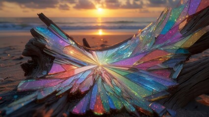 Naklejka premium Driftwood with rainbow crystal-like glass shards glowing at sunset on a beach