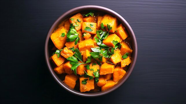 A bowl of cubed sweet potatoes garnished with fresh parsley on a dark background