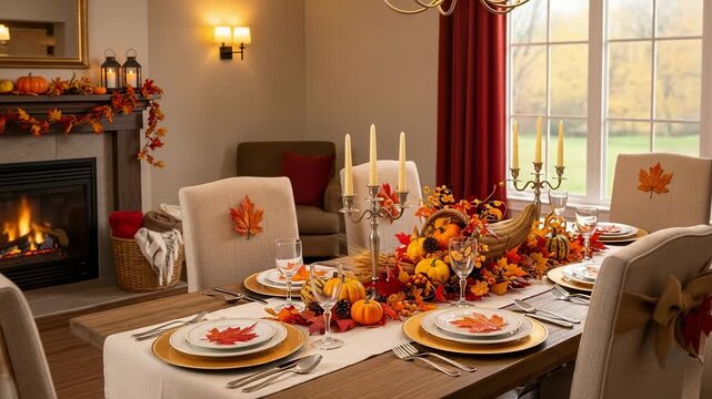 Elegant dining room decorated for Thanksgiving or autumn harvest with a beautifully set table, cornucopia centerpiece, and a cozy fireplace.