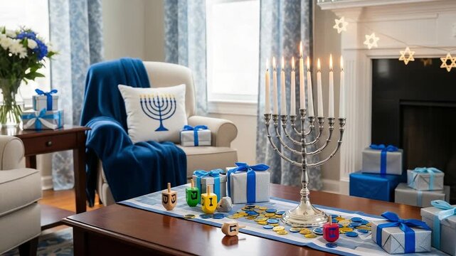 Cozy living room decorated for Hanukkah with a lit menorah, dreidels, gifts, and festive blue and white accents