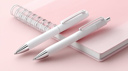 Two white ballpoint pens are placed on a pink notebook, showing a simple and clean stationery setup.