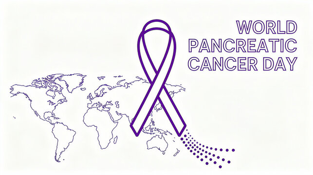 Fototapeta The purple ribbon and the world map represent the World pancreatic cancer Day and the concept of global concern, and are applicable to the global publicity scene of pancreatic cancer. 