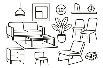 Minimalist Interior Doodle. Hand-drawn doodle illustration [modern minimalist interior] [clean-lined sofa, low table, framed art, hanging lamp, floor plant,