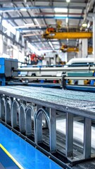Naklejka premium Industrial machinery's close-up showcases a blue metallic conveyor belt system within a large factory setting, featuring blurred industrial equipment in the background