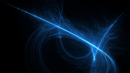 Electric Blue Light Beam Abstract Background: Glowing Energy Line with Fractal Swirls on Dark Space

